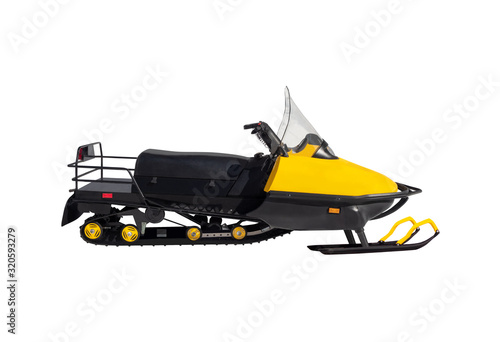 Side view of yellow snowmobile isolated on white background