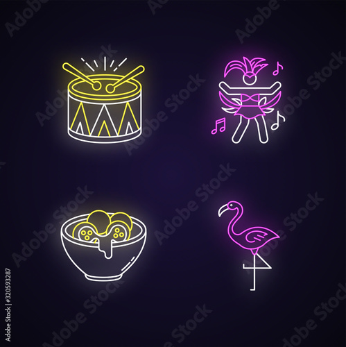 Brazilian carnival neon light icons set. Traditional music. Arancini. Festive drum parade. National festival. Flamingo. Signs with outer glowing effect. Vector isolated RGB color illustrations