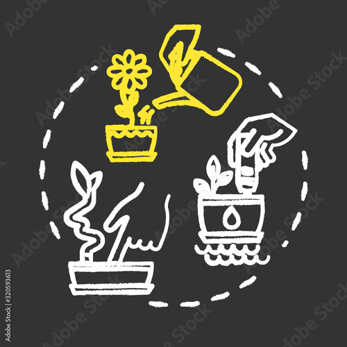 Soil moist chalk RGB color concept icon. Indoor potted flowers concern. Ground humidity determination. Houseplants caring idea. Vector isolated chalkboard illustration on black background