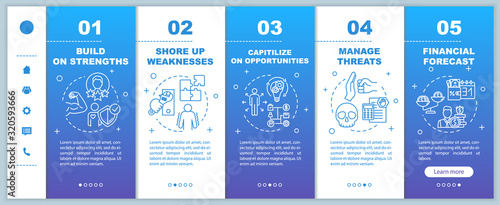 Self-building onboarding vector template. SWOT strategy. Financial forecast. Capitalize on opportunities. Responsive mobile website with icons. Webpage walkthrough step screens. RGB color concept