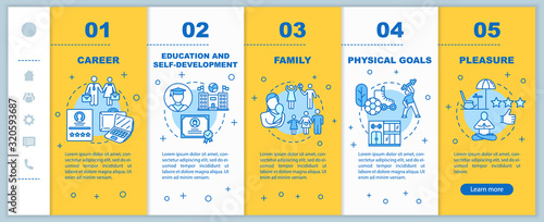 Self-development onboarding vector template. Physical goals. Academic education. Family planning. Responsive mobile website with icons. Webpage walkthrough step screens. RGB color concept