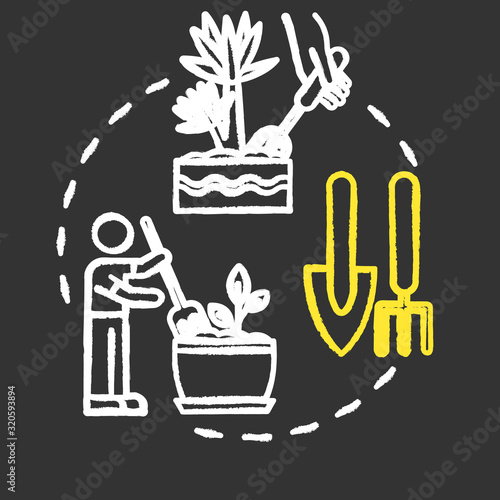 Soil fluffing chalk RGB color concept icon. Houseplants caring. Indoor flowers concern. Potted ground loosen idea. Vector isolated chalkboard illustration on black background