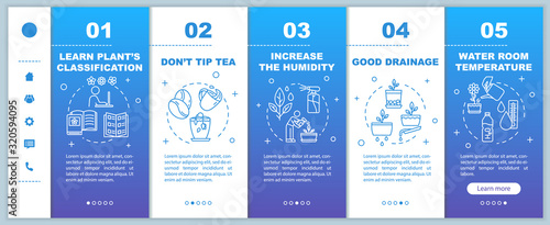 Potted flowers caring onboarding vector template. Spraying water on plants. Appropriate temperature. Responsive mobile website with icons. Webpage walkthrough step screens. RGB color concept