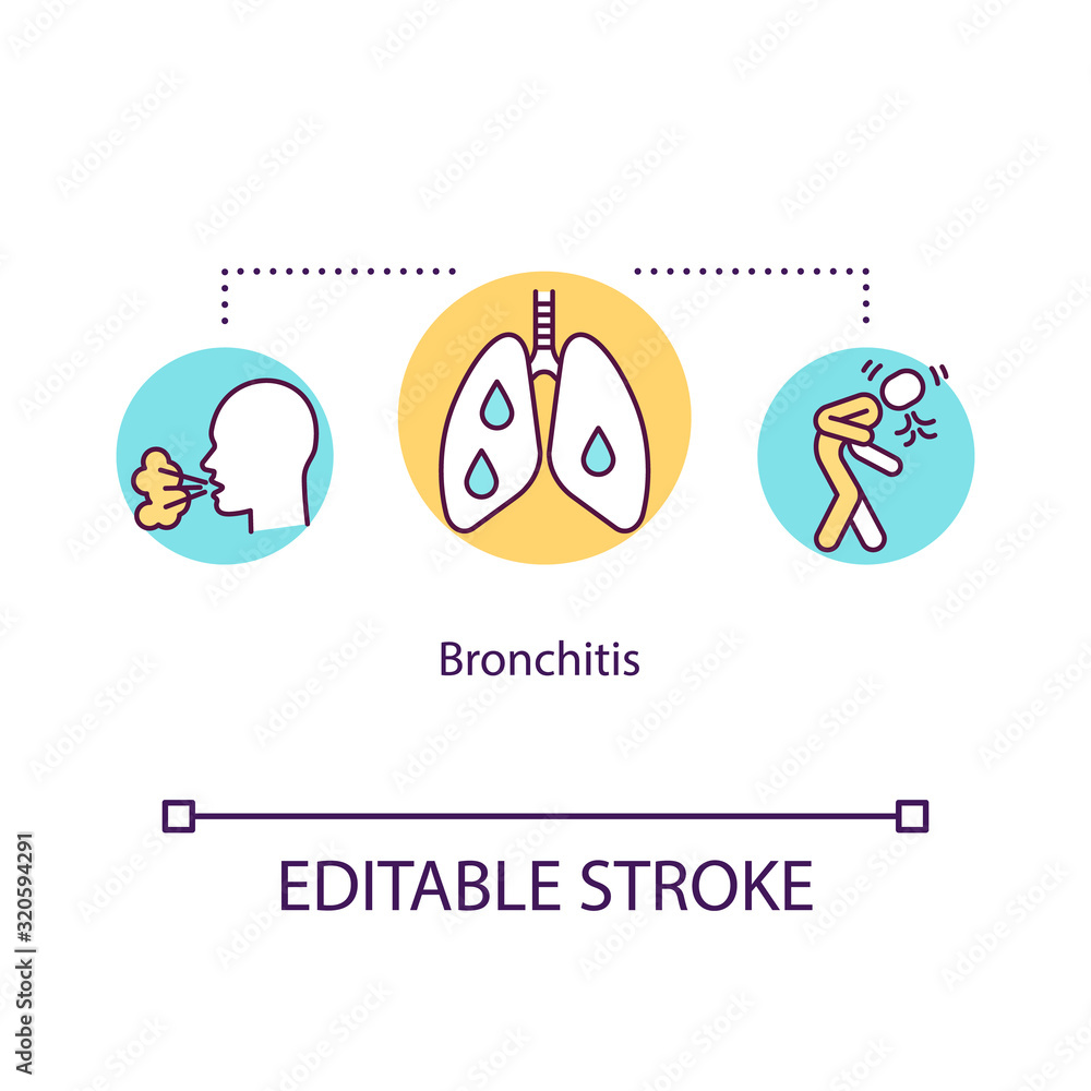 Bronchitis concept icon. Sick lungs with mucus. Unwell patient with chest pain. Respiratory disease idea thin line illustration. Vector isolated outline RGB color drawing. Editable stroke