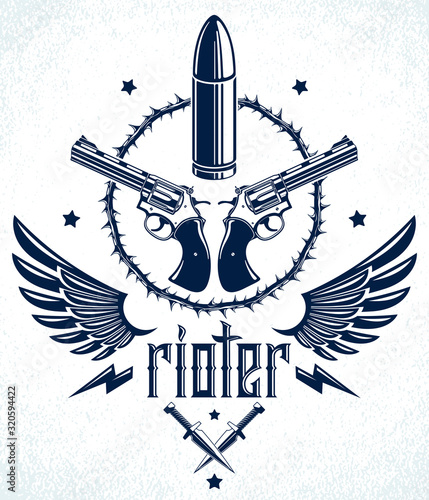 Bullets and guns vector emblem of Revolution and War, logo or tattoo with lots of different design elements, anarchy and chaos concept, criminal and gangster style, social tension theme.