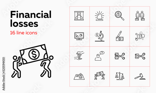 Financial losses line icon set. Robbery, economic bubble, credit card cutting. Finance concept. Can be used for topics like crime, fraud, bankruptcy