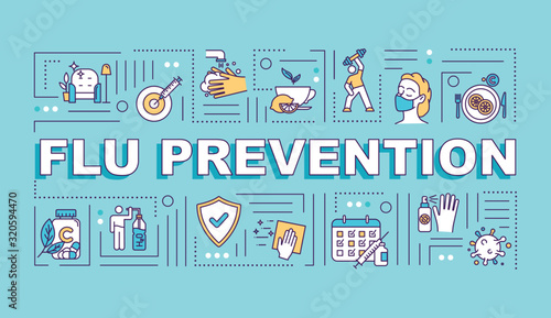 Flu prevention word concepts banner. Immunization with vitamin. Vaccination shot. Infographics with linear icons on turquoise background. Isolated typography. Vector outline RGB color illustration