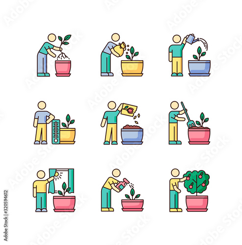 Indoor gardening stages RGB color icons set. Houseplant caring. Planting process. Plant cultivation. Repotting, watering. Fertilizing, spraying. Propagating flowers. Isolated vector illustrations