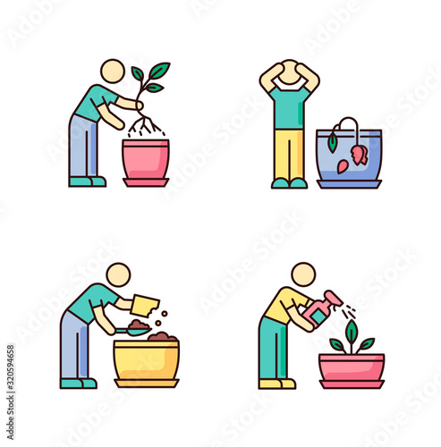 Indoor gardening stages RGB color icons set. Houseplant caring. Plant cultivation. Replanting, repotting plants. Wilting flower. Preparing soil for planting. Isolated vector illustrations