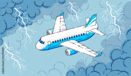 Plane in the storm, airliner flying through dark stormy clouds and lightning of thunderstorm, beautiful thin line 3d vector illustration.