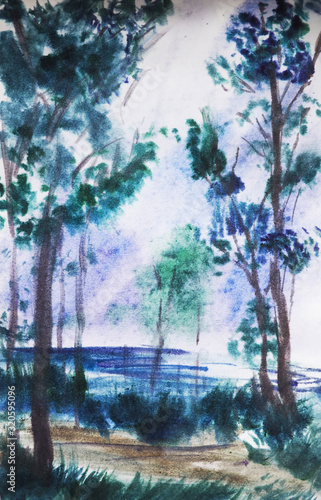 watercolor nature and landscape and tree and river abstract  photo