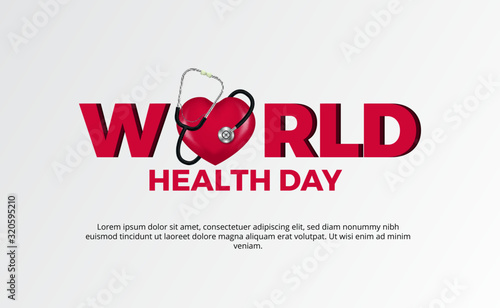 world health day. stethoscope wrapped at 3D love hearth. Typography design decorative illustration. global healthcare