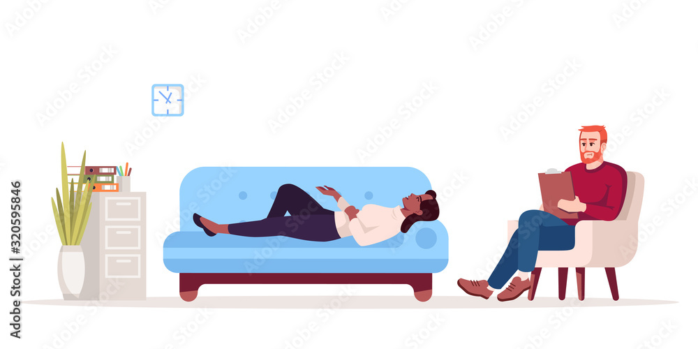 Private therapy session semi flat RGB color vector illustration. Individual  appointment. Female patient and male psychologist. Psychology consultation.  Isolated cartoon character on white background Stock Vector | Adobe Stock