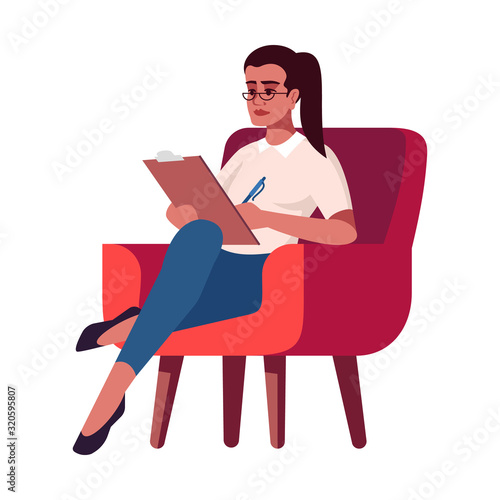 Businesswoman with clipboard semi flat RGB color vector illustration. Female executive sitting in armchair. Woman taking notes. Psychology consultation. Isolated cartoon character on white background