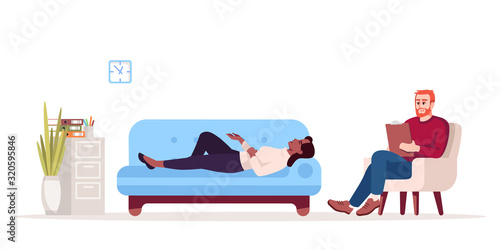 Private therapy session semi flat RGB color vector illustration. Individual appointment. Female patient and male psychologist. Psychology consultation. Isolated cartoon character on white background