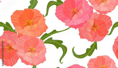 seamless texture with bouquets of stylized elegant poppies on wh