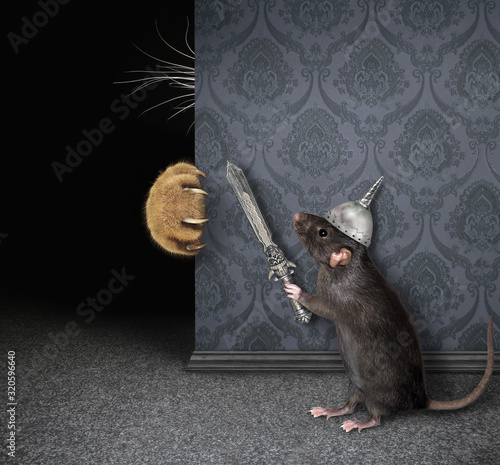 The cat's claws and whiskers are visible from behind a wall. The black rat knight in a helmet with an inlaid sword is hiding from this cat.