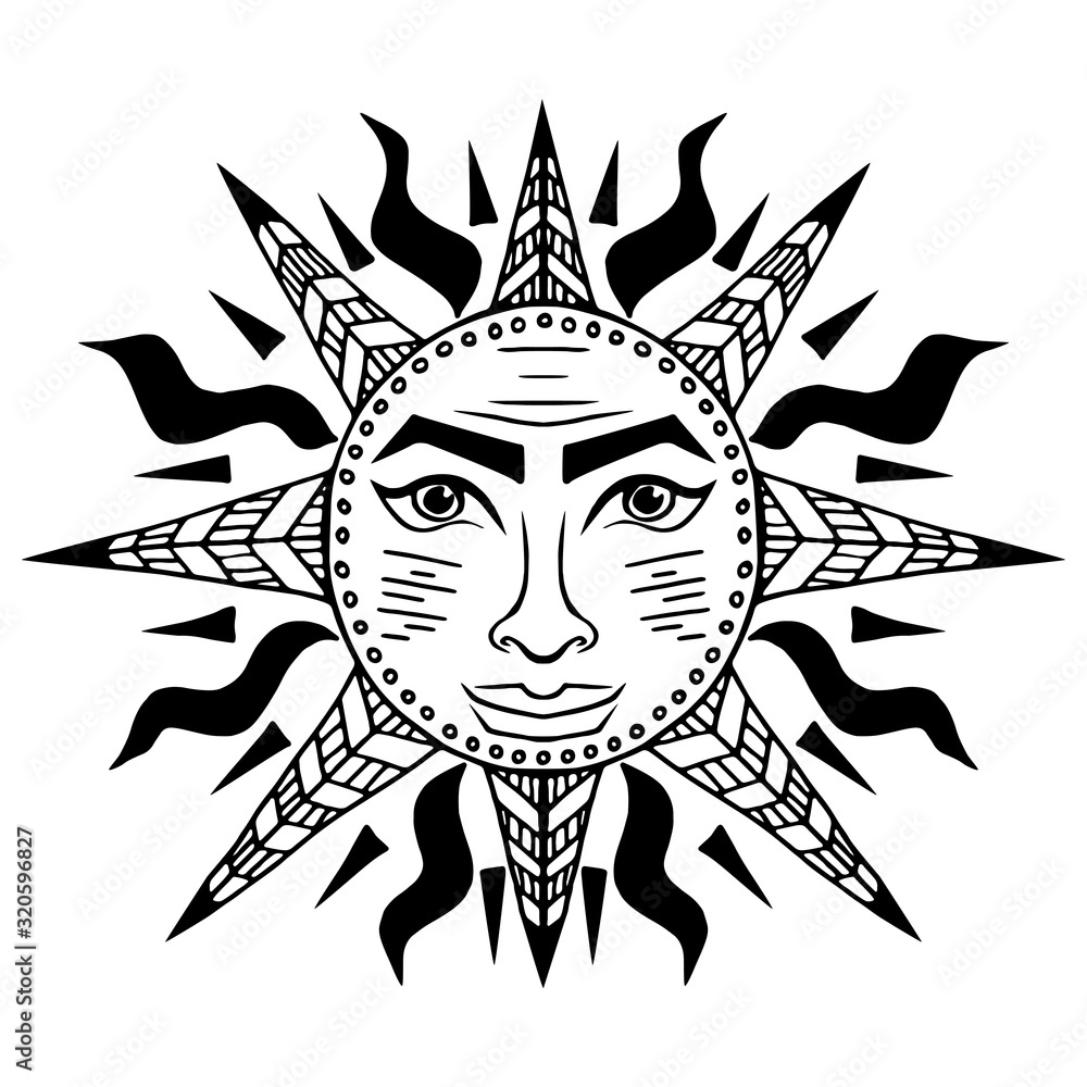 Illustration with beautiful hand drawn sun symbol. Invitation element. Tattoo design. Drawing for coloring book. Heraldry and logo concept art. Illustration with beautiful hand drawn sun symbol. Invitation element. Tattoo design. Drawing for coloring book. Heraldry and logo concept art.