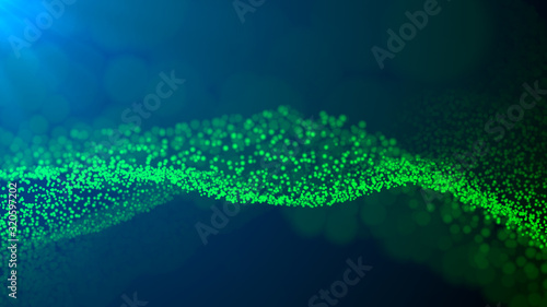 Abstract digital landscape with flowing green particles.