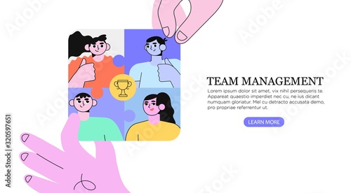 Vector illustration of hands doing jigsaw puzzle with people, coworkers. Company employees coordination, personnel productivity, effective team building and management, teamwork, leadership concept.