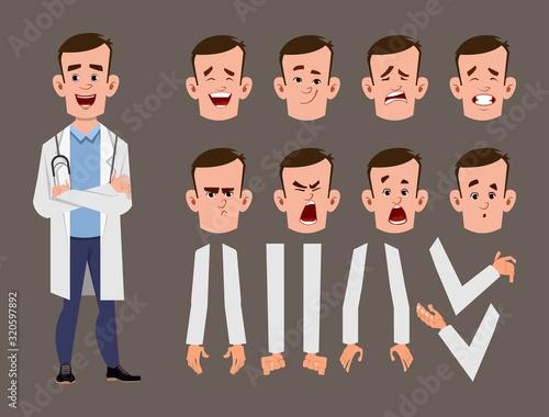 young doctor cartoon character set for your animation, design or motion with different facial emotions and hands
