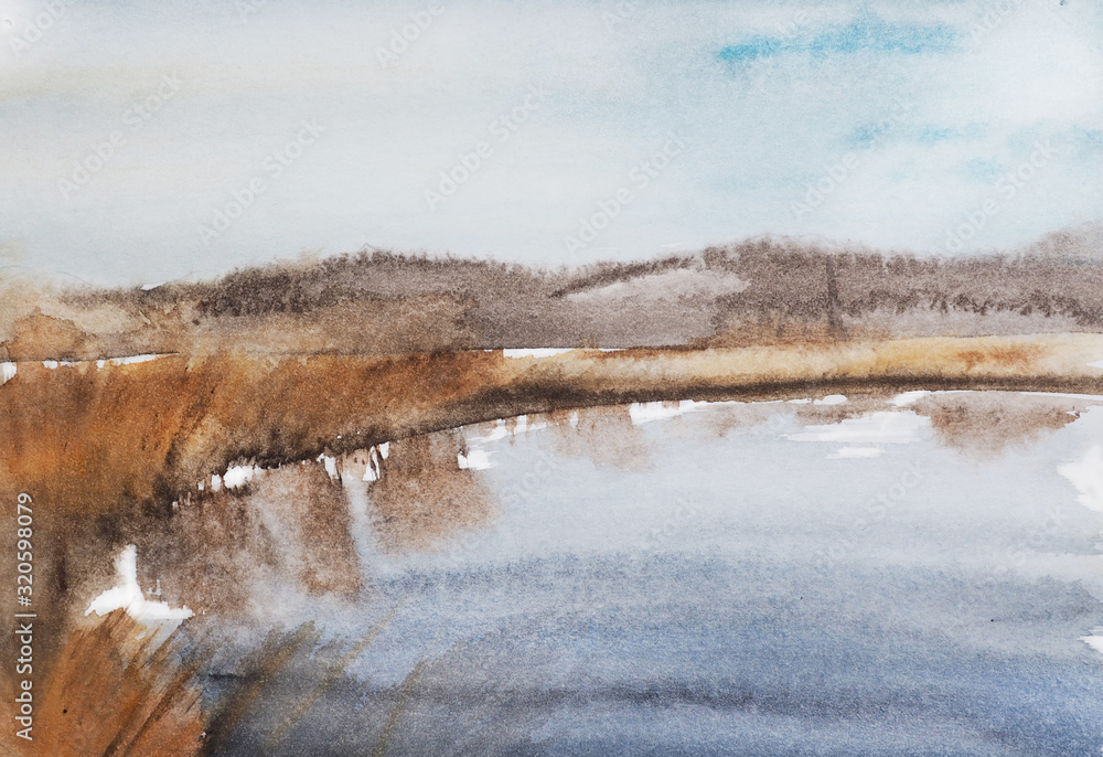 watercolor nature and landscape spring and river and hill 