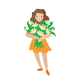 Girl smiles and holds a bouquet in her hands. Vector character.