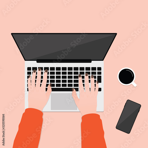 Female hands typing text on the laptop keyboard with black screen monitor. Flat vector illustration.