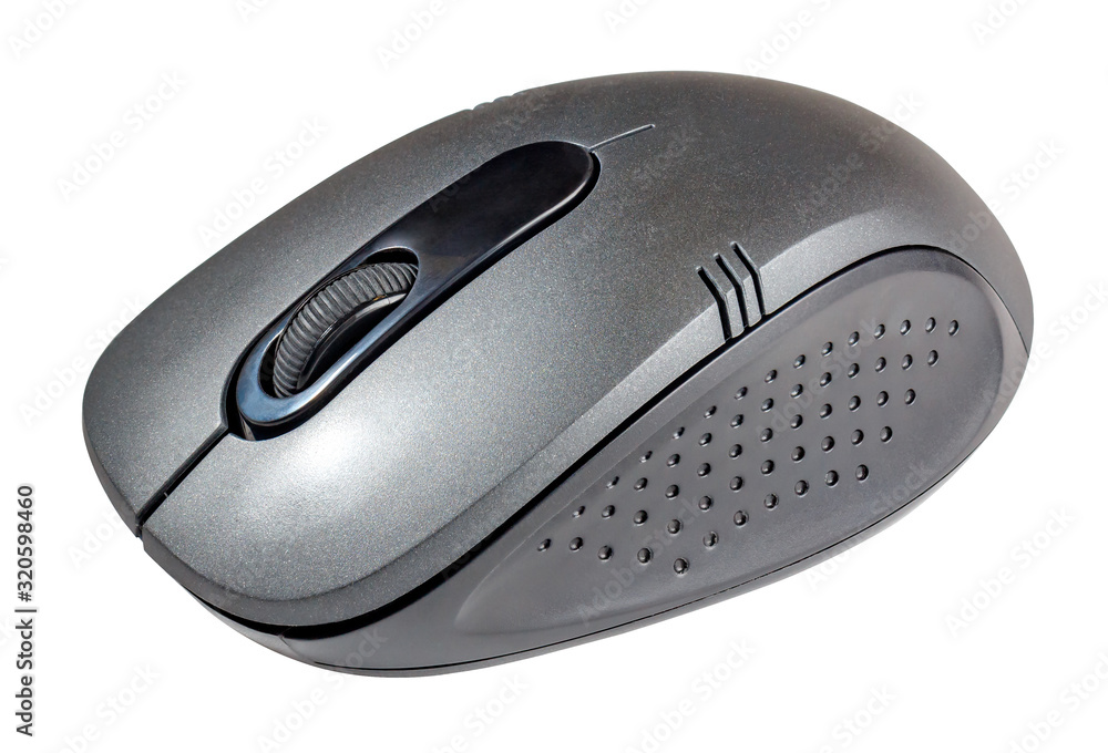 Grey metallic wireless computer mouse close-up isolated on white background Grey metallic wireless computer mouse close-up isolated on white background