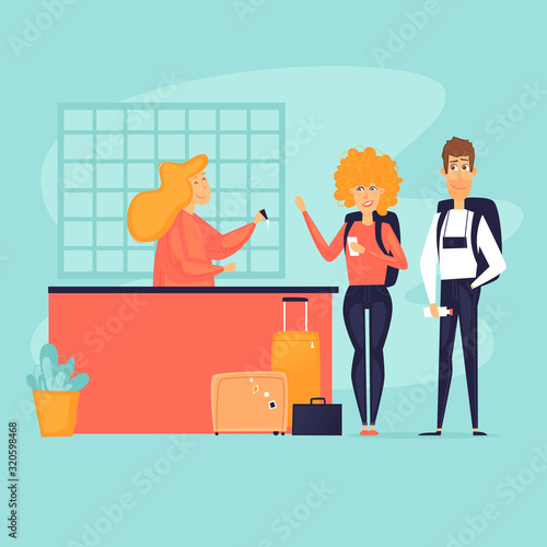 Traveling, couple checking into a hotel. Reception desk. Flat design vector illustration.