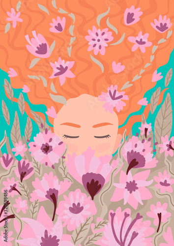 Portrait of a woman in flowers, plants and flowers in her hair. Vector illustration.