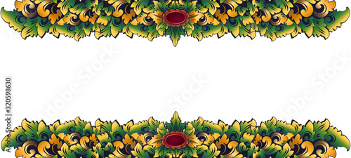 Traditional Balinese carving style colored floral decorative vintage ornament, vector stylized frame border