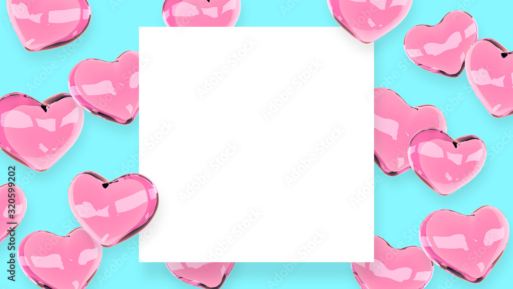 Hearts frame. Valentines day banner design with place for text. 3d illustration. Glass shiny 3d hearts. Love symbol wallpaper. Romantic poster.