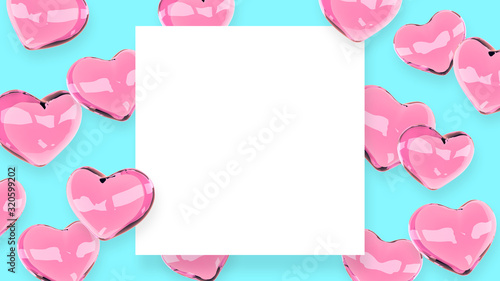 Hearts frame. Valentines day banner design with place for text. 3d illustration. Glass shiny 3d hearts. Love symbol wallpaper. Romantic poster. © ADELART