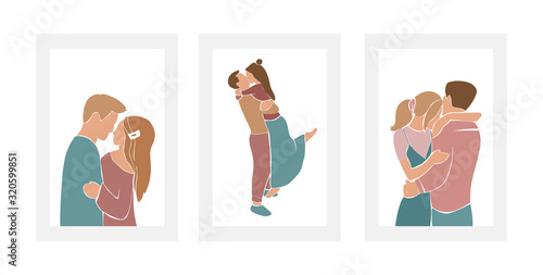 Set of romantic couples, pairs of men and women on date, hugs and kisses. Abstract silhouette style characters isolated on white background. Minimalist vector illustration..