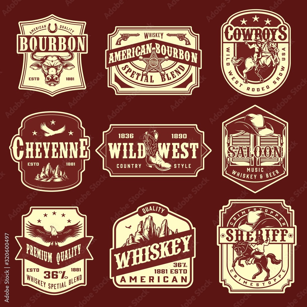 Vintage wild west monochrome emblems set - obrazy, fototapety, plakaty 