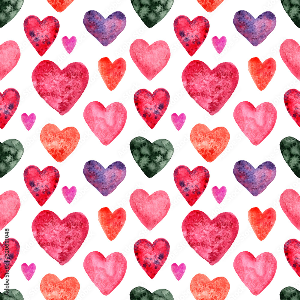 Happy Valentines day watercolor seamless pattern.Background with multicolored shining heart of particles. Excellent for the design of postcards, posters, stickers and so on.