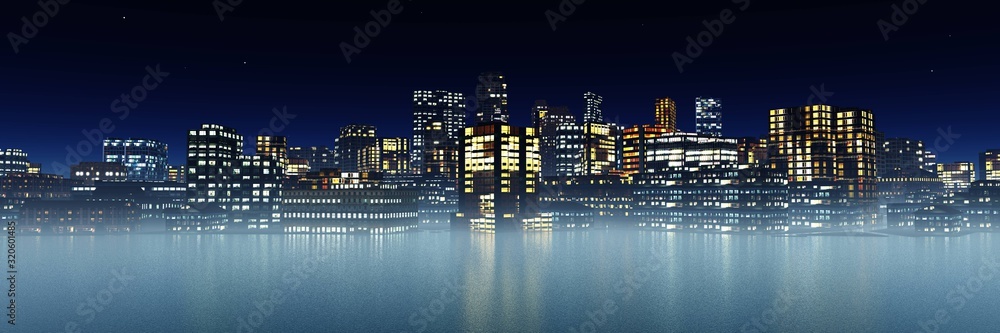 Night city above the sea surface, 3D rendering