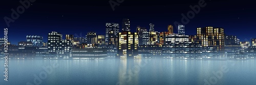 Night city above the sea surface  3D rendering