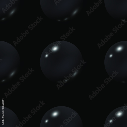 Vector seamless pattern : small black shining balls or bubbles on deep-black background. Minimalistic monochrome dark design for textile, wrapping paper, wallpaper.