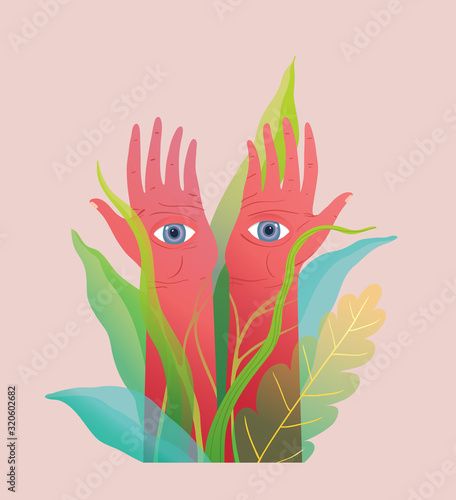 Magical hands art print with eyes watching in the nature florals grass and leaves.
