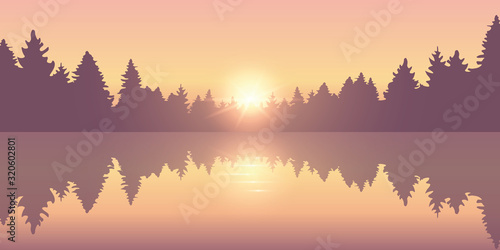 beautiful lake at sunrise pine forest nature landscape vector illustration EPS10