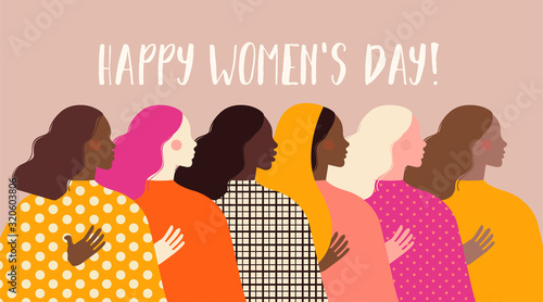 International Womens Day. Vector illustration with women different nationalities and cultures. Struggle for freedom, independence, equality.