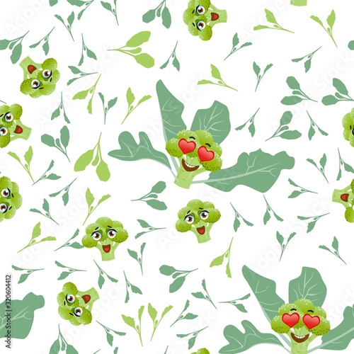Cute seamless pattern with cartoon emoji broccoli © Andreichenko
