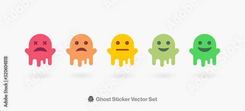 Emoji Stickers Vector Set. Customer Satisfaction Emotes from Sad To happy Ghost Characters Face. Funny Cartoon Emoji Stickers Illustration Set for Social Network or Chat. photo
