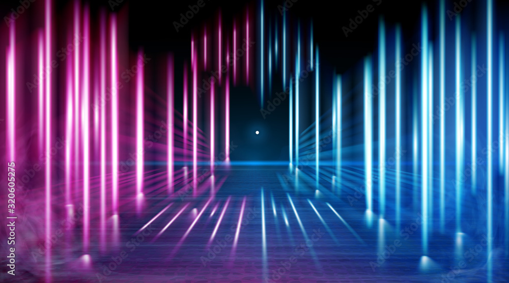 A neon corridor tending to the horizon, a clear night sky without clouds and a lone star, the reflection of light on the surface of stone earth. Smoke fog. The road to the horizon.. Vector. EPS 10