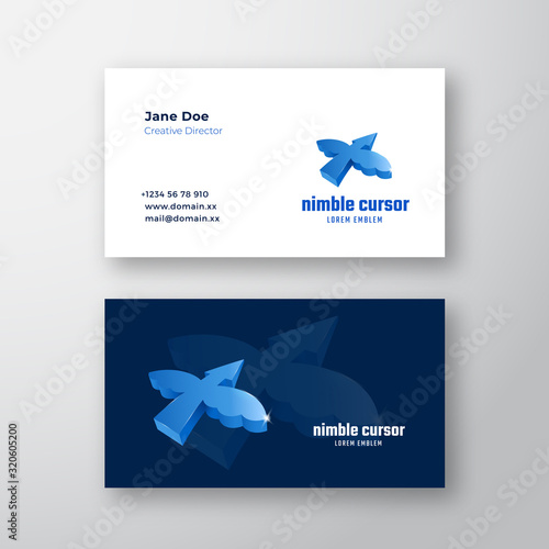 Nimble Cursor Concept. Abstract Vector Sign, Symbol or Logo Logo and Business Card Template. Flying Arrow Symbol with Wings and Modern Typography. Premium Stationary Realistic Mock Up.