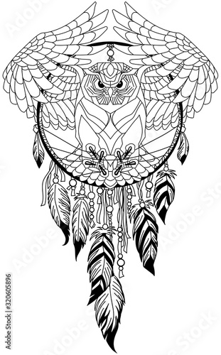 flying owl in the circle of native Indians dreamcatcher. Black and white outline tattoo. Vector illustration