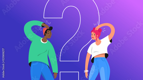 Confused young man and woman need an answer and have some doubt