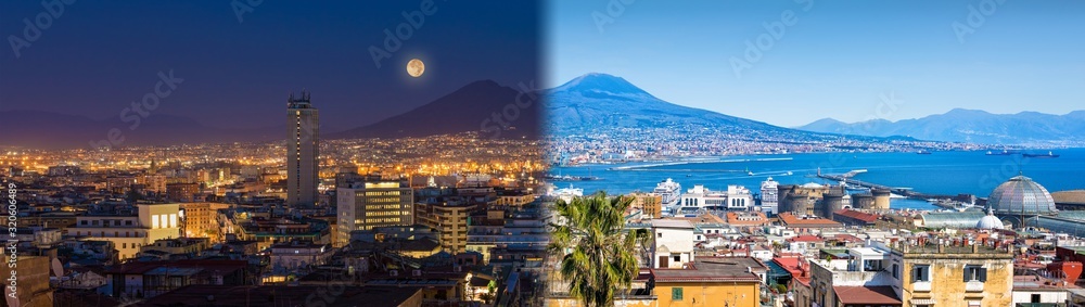 Panoramic collage with Mount Vesuvius, Naples and Bay of Naples, Italy. Opposites in nature: day and night, light and darkness.
